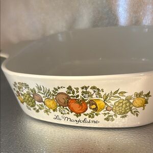 Vintage Corning ware White Ceramic Baking Dish with Colorful Vegetable Design
